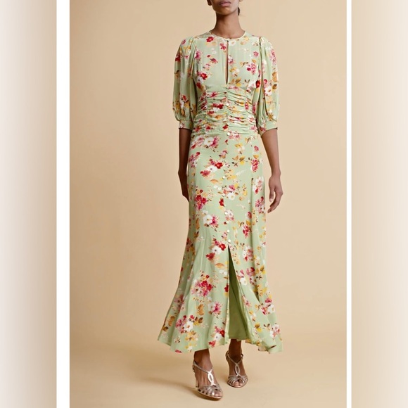 ByTimo Satin Green Bouquet Floral Print Ruched Gown - Picture 8 of 10